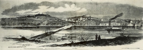 Harper's Weekly depicted the scene after departing Confederates destroyed bridges across the Barren River at Bowling Green, February 1862. (Kentucky Library & Museum)