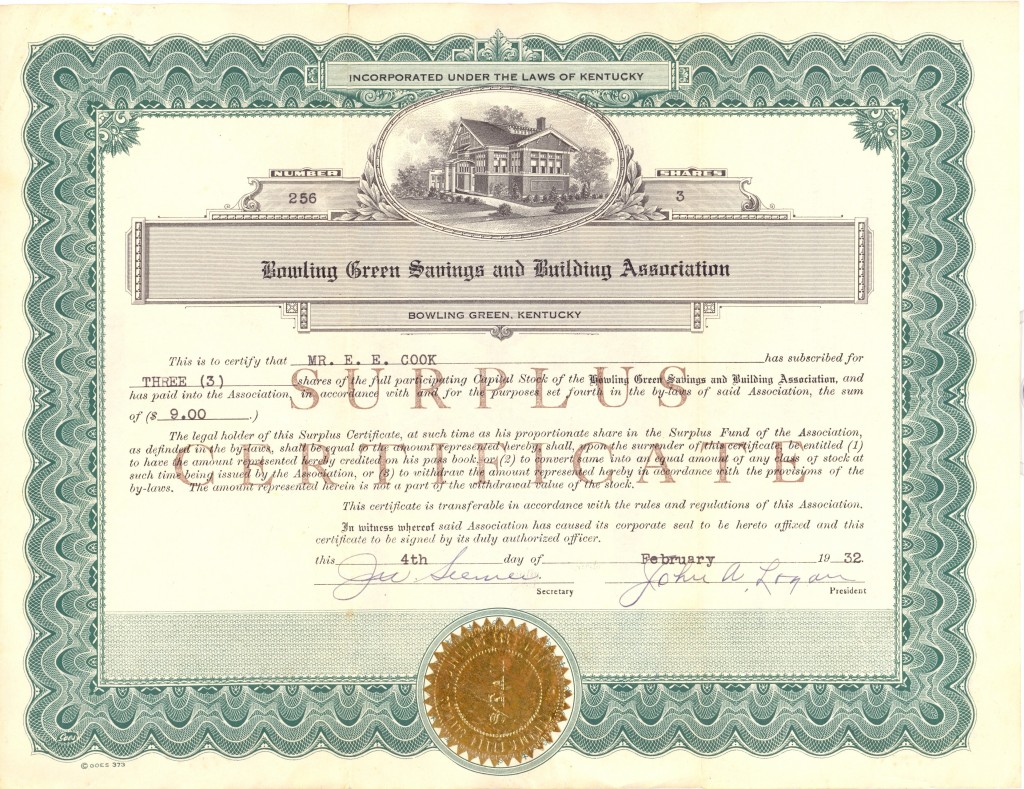 Bowling Green Savings & Building Association stock certificate, 1932