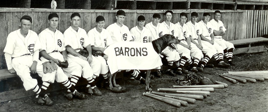 The Barons, Bowling Green's semi-pro baseball team, and mascot "Spot," about 1938 (WKU Special Collections Library) 