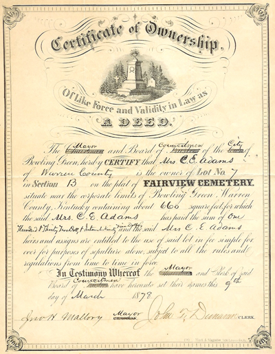 Deed to Fairview Cemetery lot, 1878 (McElroy Collection)