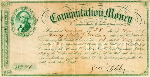 Henry McLean's commutation money receipt, 1864