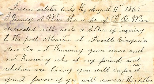 Nancy Wier's letter in search of family, 1865