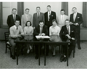 The Western Debaters with sponsor, Russell Miller, seated in the center. The young woman on the right is Elizabeth McWhorter who won the women’s division at the Grand National Forensic Tournament that year, 1956.