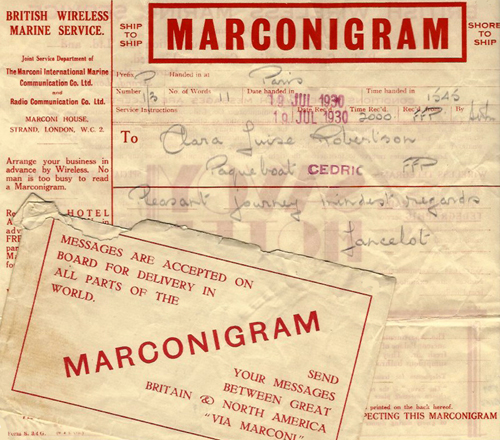 Marconigram to Clara Louise Robertson